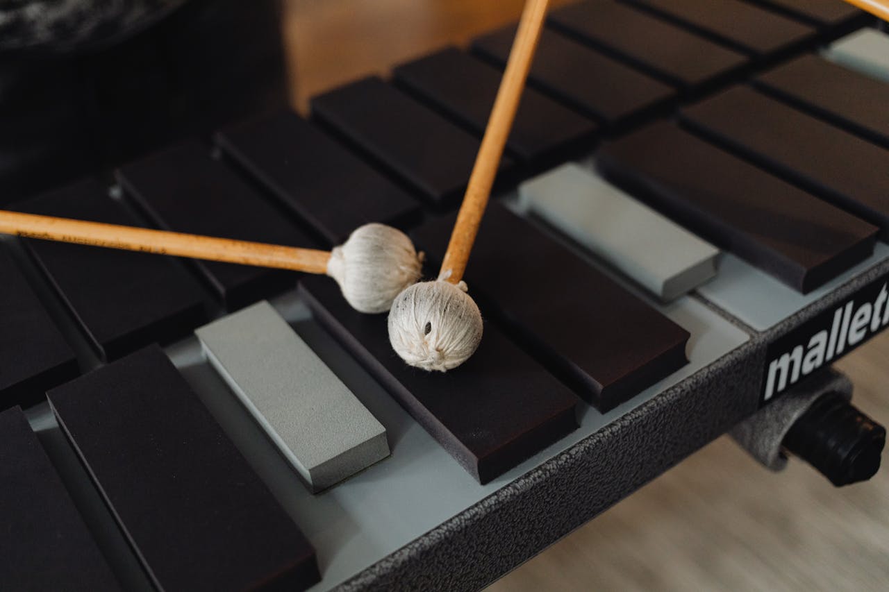 Detailed view of vibraphone keys with mallets resting on them.